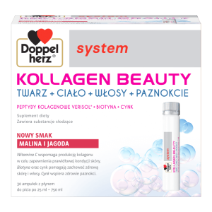 Doppelherz® system KOLLAGEN BEAUTY, NOWY SMAK! Malina i jagoda, 30 ampułek po 25ml
