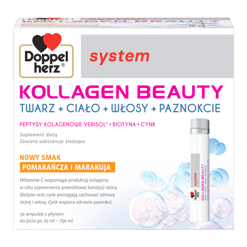 Doppelherz® system KOLLAGEN BEAUTY, NOWY SMAK! Pomarańcza i marakuja, 30 ampułek po 25ml