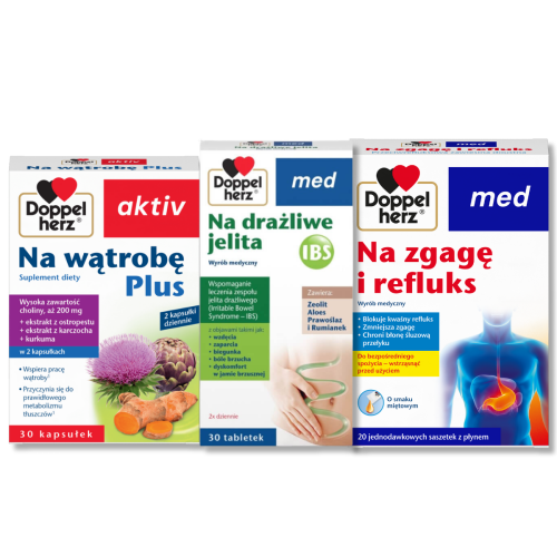 Doppelherz® med Na drażliwe jelita + Doppelherz® med Na zgagę i refluks + Doppelherz® aktiv Na wątrobę Plus ZESTAW