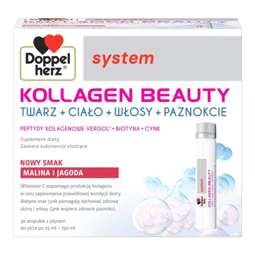 Doppelherz® system KOLLAGEN BEAUTY, NOWY SMAK! Malina i jagoda, 30 ampułek po 25ml