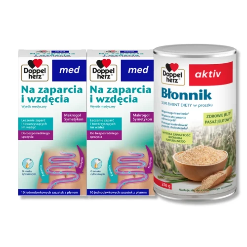 2x Doppelherz® med Na zaparcia i wzdęcia, 10 saszetek + Doppelherz® aktiv Błonnik, 250g