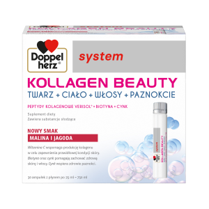 Doppelherz® system KOLLAGEN BEAUTY, NOWY SMAK! Malina i jagoda, 30 ampułek po 25ml