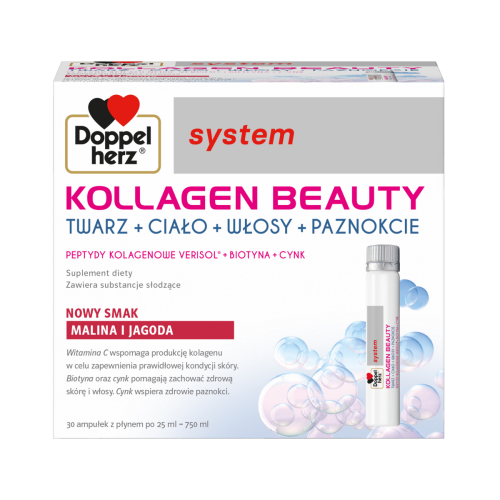 Doppelherz® system KOLLAGEN BEAUTY, NOWY SMAK! Malina i jagoda, 30 ampułek po 25ml