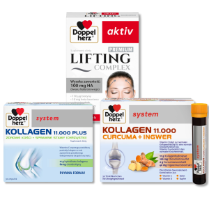 Doppelherz® system KOLLAGEN 11.000 PLUS + KOLLAGEN 11.000 KURKUMA+IMBIR + Doppelherz® aktiv LIFTING Complex PREMIUM ZESTAW