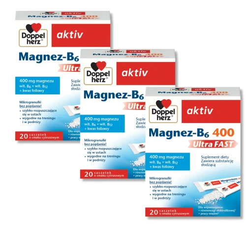 3x Doppelherz aktiv Magnez-B6 400 UltraFAST, 3x20 saszetek ZESTAW