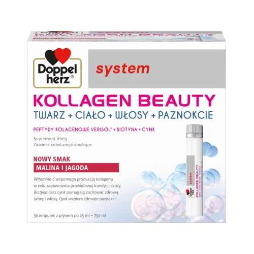 Doppelherz® system KOLLAGEN BEAUTY, NOWY SMAK! Malina i jagoda, 30 ampułek po 25ml