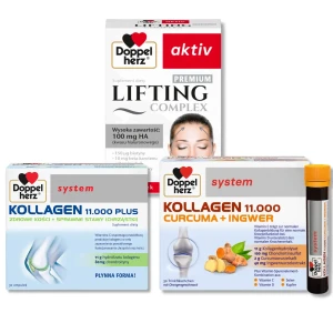Doppelherz® system KOLLAGEN 11.000 PLUS + KOLLAGEN 11.000 KURKUMA+IMBIR + Doppelherz® aktiv LIFTING Complex PREMIUM ZESTAW