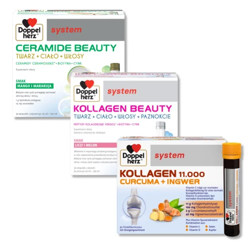 Doppelherz® system KOLLAGEN BEAUTY + KOLLAGEN 11.000 KURKUMA+IMBIR + CERAMIDE BEAUTY 3x30 ampułek ZESTAW