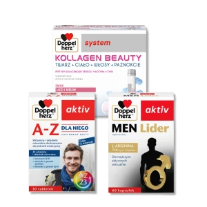 Doppelherz® aktiv MEN Lider 60 kapsułek+ A-Z Dla Niego 30 tabletek + Doppelherz system KOLLAGEN BEAUTY 30 ampułek ZESTAW