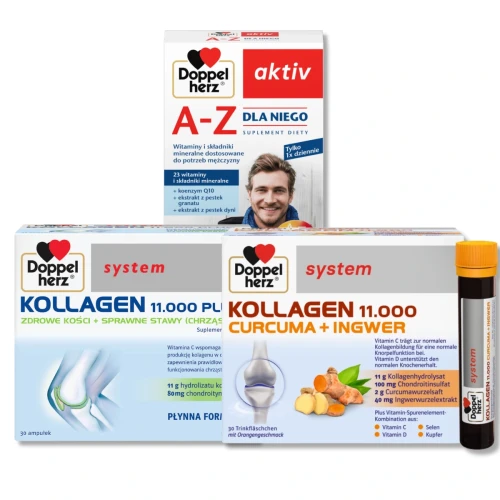 Doppelherz® aktiv A-Z Dla Niego, 30 tabletek + Doppelherz system KOLLAGEN 11.000 KURKUMA + IMBIR, 30 ampułek + KOLLAGEN 11.000 PLUS, 30 ampułek ZESTAW