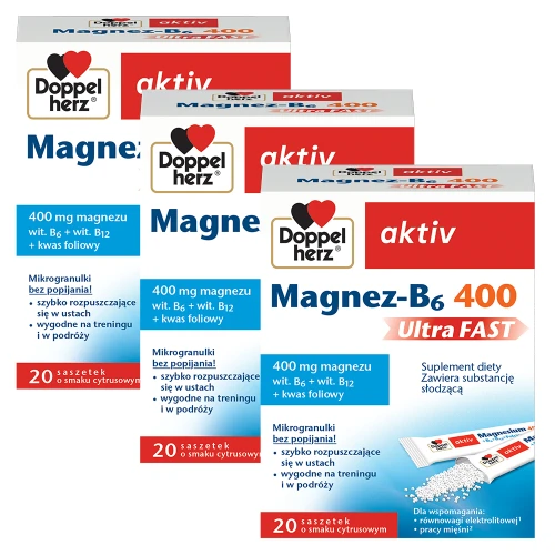 3x Doppelherz aktiv Magnez-B6 400 UltraFAST, 3x20 saszetek ZESTAW