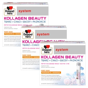 3x Doppelherz® system KOLLAGEN BEAUTY, NOWY SMAK! Pomarańcza i marakuja, 3x30 ampułek po 25ml