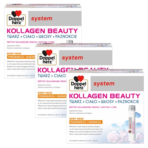3x Doppelherz® system KOLLAGEN BEAUTY, Pomarańcza i marakuja, 3x30 ampułek po 25ml
