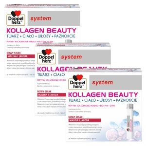 3x Doppelherz® system KOLLAGEN BEAUTY, NOWY SMAK! Malina i jagoda, 3x30 ampułek po 25ml