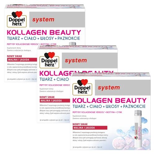 3x Doppelherz® system KOLLAGEN BEAUTY, Malina i jagoda, 3x30 ampułek po 25ml