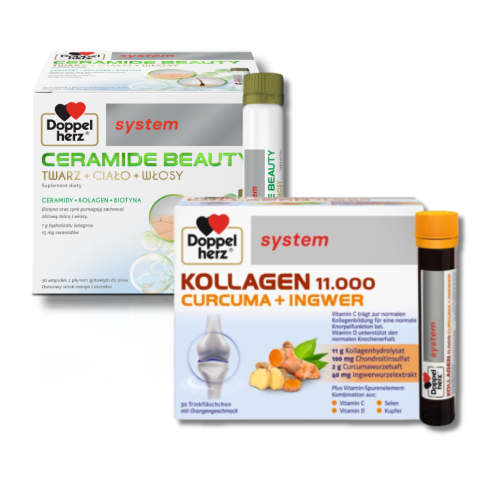 Doppelherz® system CERAMIDE BEAUTY, 30 ampułek po 25ml + Doppelherz® system KOLLAGEN 11.000 KURKUMA + IMBIR, 30 ampułek po 25 ml ZESTAW
