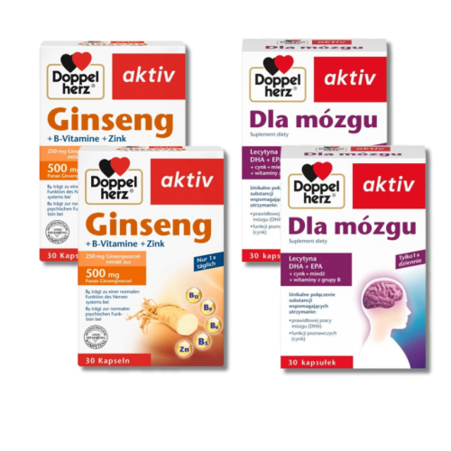 2x Doppelherz® aktiv Żeń-szeń z witaminami z grupy B i cynkiem, 30 kapsułek + 2x Doppelherz® aktiv Dla mózgu, 30 kapsułek ZESTAW