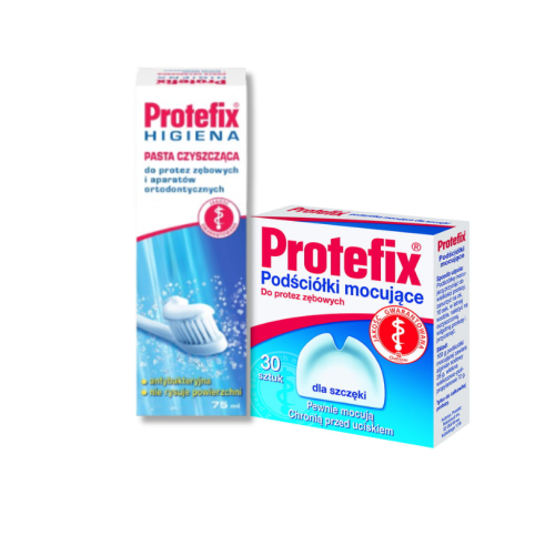 Protefix® PODŚCIÓŁKI mocujące dla szczęki, 30 szt. + Pasta do czyszczenia protez zębowych i aparatów ortodontycznych,75 ml ZESTAW