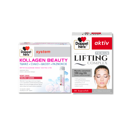 Doppelherz® system KOLLAGEN BEAUTY NOWY SMAK! Malina i jagoda, + Doppelherz® aktiv LIFTING Complex PREMIUM ZESTAW