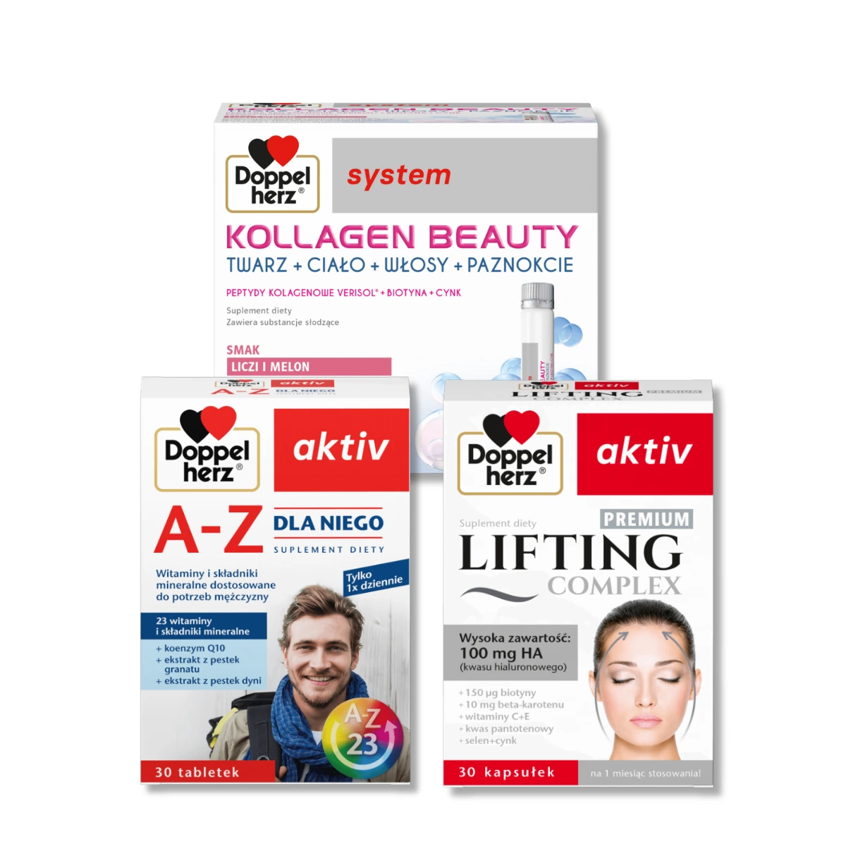 Queisser Pharma Doppelherz® aktiv A-Z Dla Niego, 30 tabletek + LIFTING Complex PREMIUM, 30 kapsułek + Doppelherz system KOLLAGEN BEAUTY, 30 ampułek ZESTAW