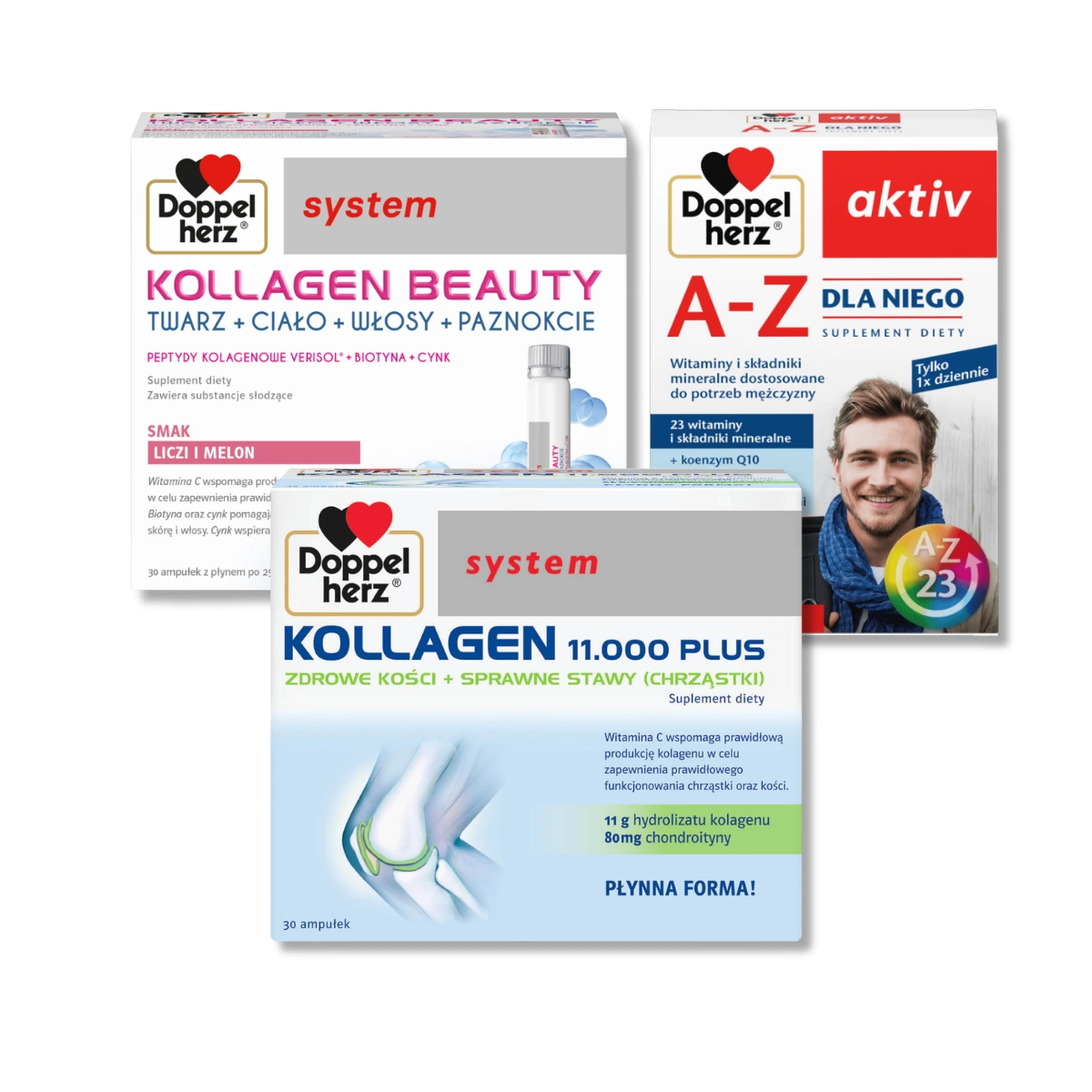 Queisser Pharma Doppelherz® aktiv A-Z Dla Niego, 30 tabletek + Doppelherz system KOLLAGEN BEAUTY, 30 ampułek + KOLLAGEN 11.000 PLUS, 30 ampułek ZESTAW