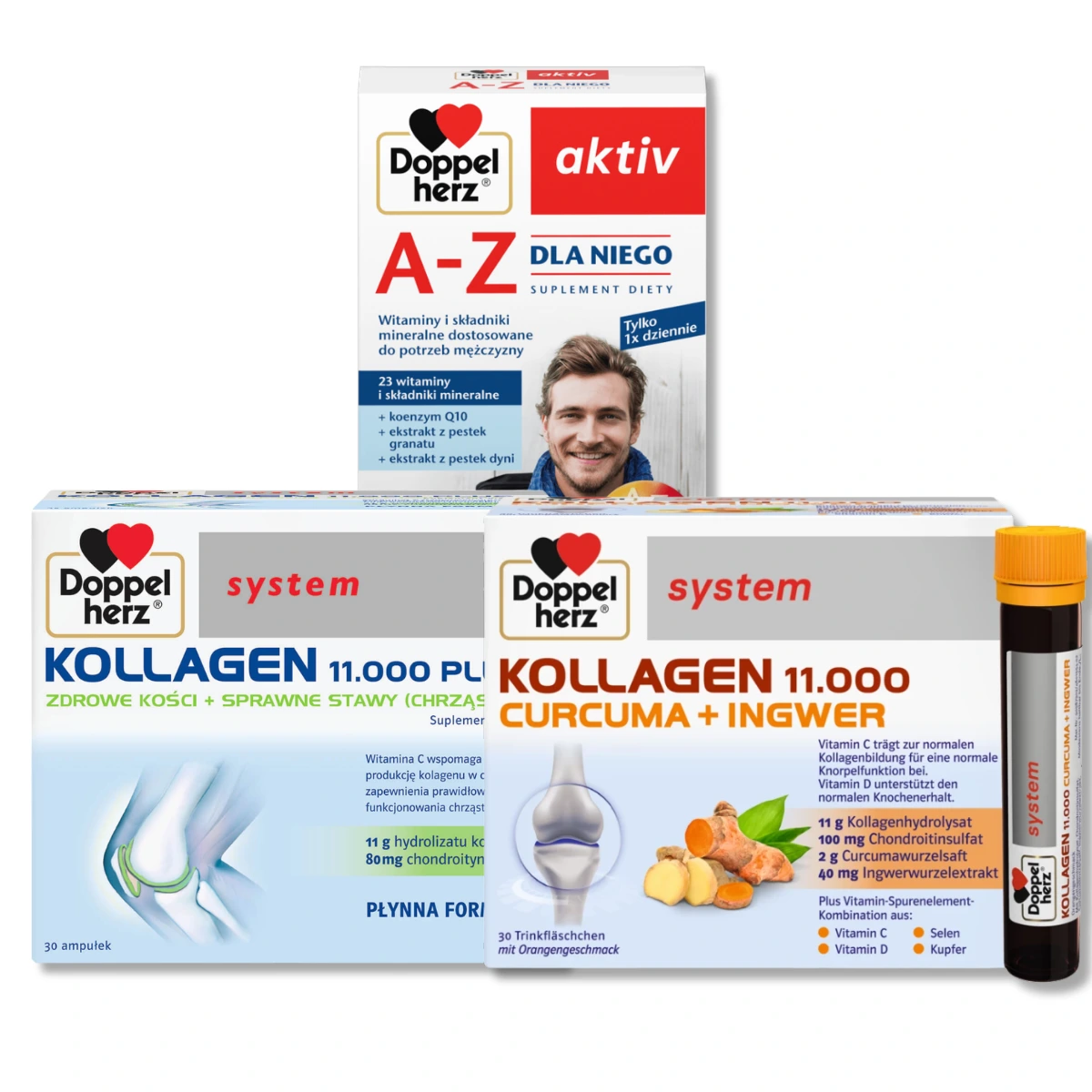 Queisser Pharma Doppelherz® aktiv A-Z Dla Niego, 30 tabletek + Doppelherz system KOLLAGEN 11.000 KURKUMA + IMBIR, 30 ampułek + KOLLAGEN 11.000 PLUS, 30 ampułek ZESTAW