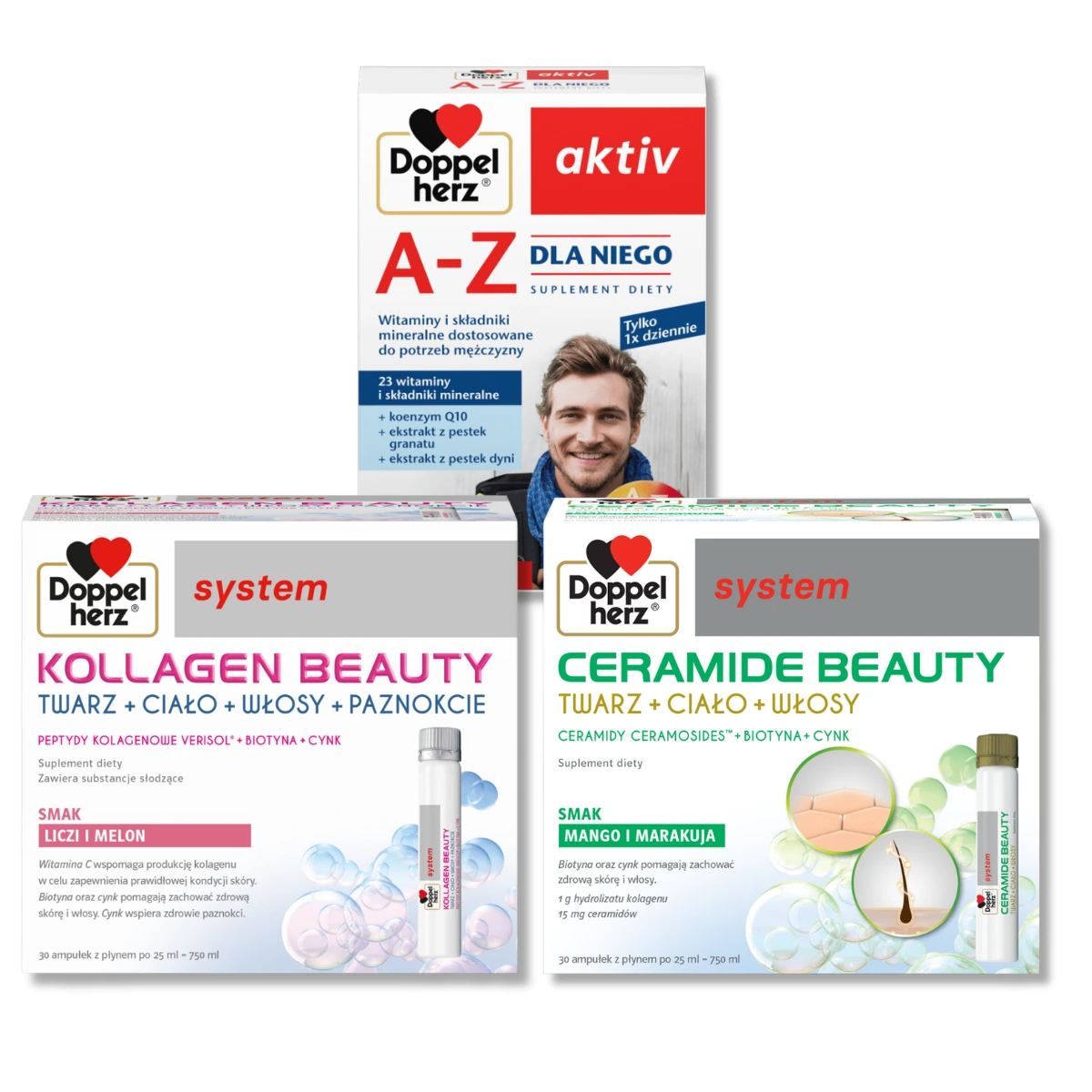 Queisser Pharma Doppelherz® aktiv A-Z Dla Niego, 30 tabletek + Doppelherz system CERAMIDE BEAUTY, 30 ampułek + Doppelherz system KOLLAGEN BEAUTY, 30 ampułek ZESTAW