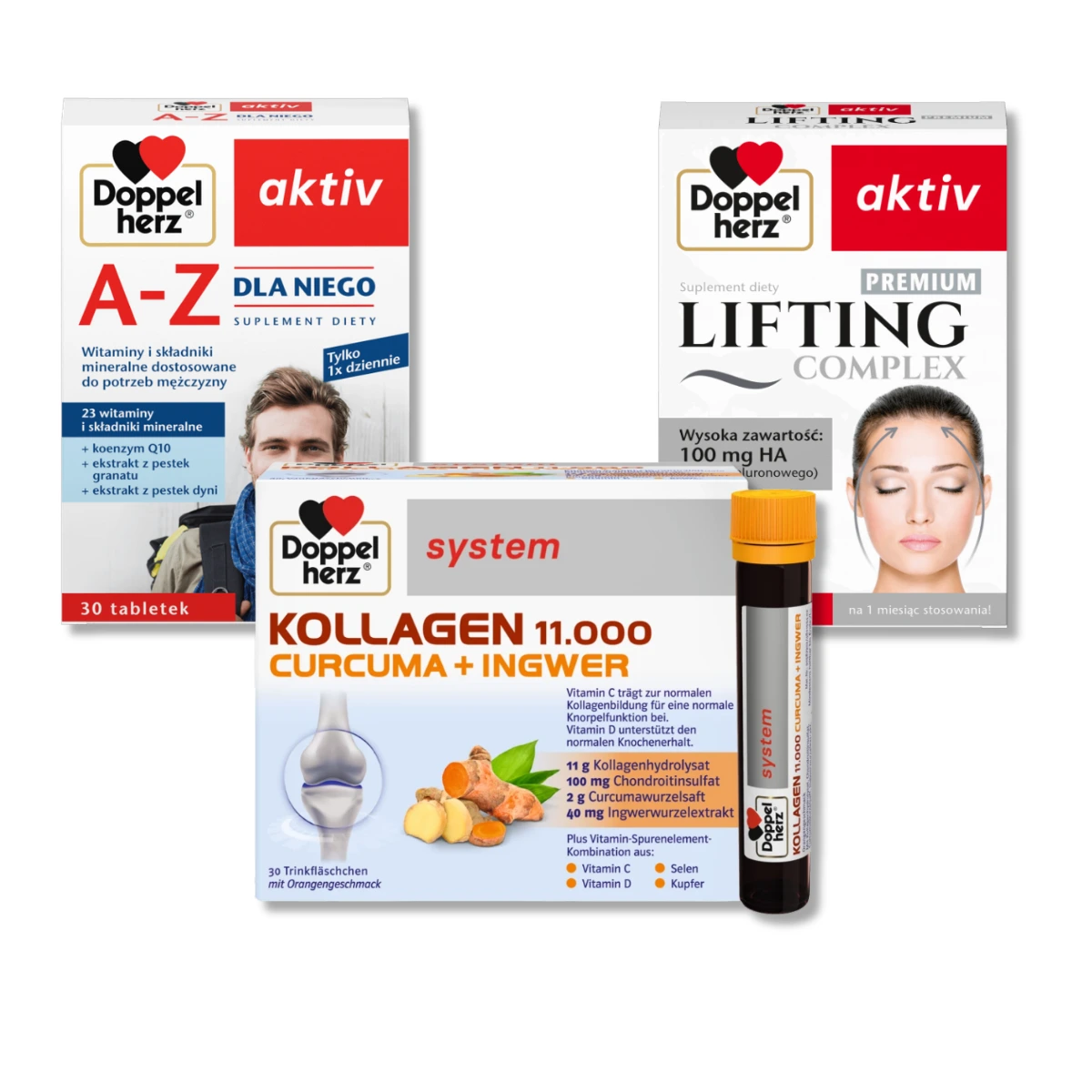 Queisser Pharma Doppelherz® aktiv A-Z Dla Niego, 30 tabletek + LIFTING Complex PREMIUM, 30 kapsułek + Doppelherz system KOLLAGEN 11.000 KURKUMA + IMBIR, 30 ampułek ZESTAW
