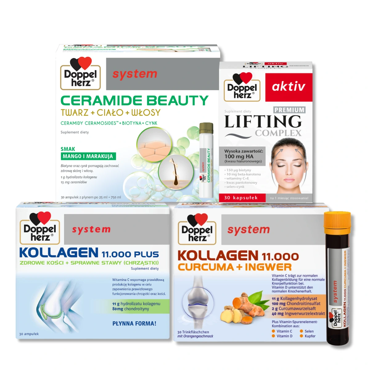 Queisser Pharma Doppelherz system KOLLAGEN 11.000 KURKUMA + IMBIR + KOLLAGEN 11.000 PLUS + CERAMIDE BEAUTY , 3x30 ampułek + Doppelherz® aktiv LIFTING Complex PREMIUM, 30 kapsułek
