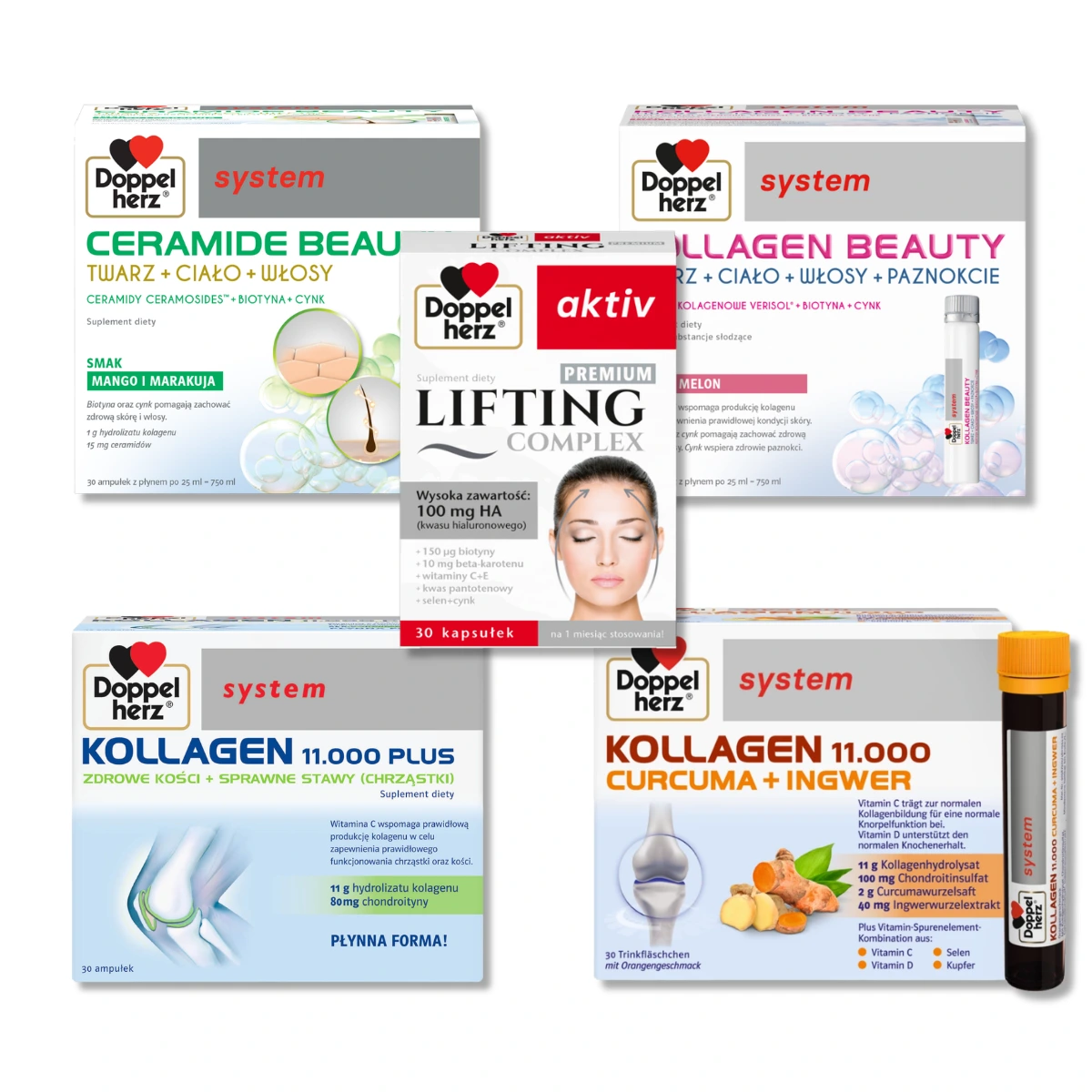 Queisser Pharma Doppelherz system KOLLAGEN 11.000 KURKUMA + IMBIR + KOLLAGEN 11.000 PLUS + CERAMIDE BEAUTY , 4x30 ampułek + Doppelherz® aktiv LIFTING Complex PREMIUM, 30 kapsułek