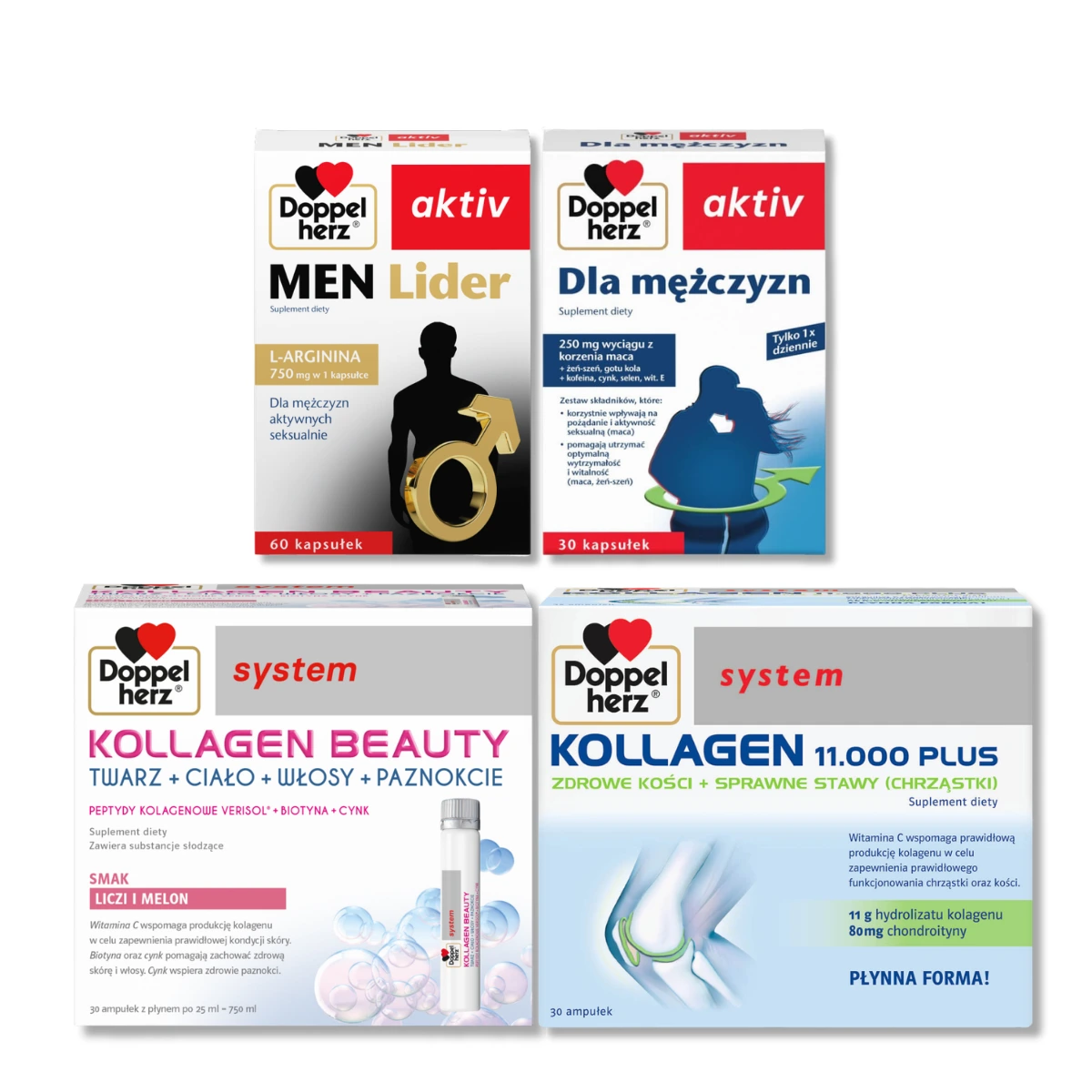 Queisser Pharma Doppelherz system KOLLAGEN 11.000 PLUS + KOLLAGEN BEAUTY, 2x30 ampułek + Doppelherz® aktiv MEN LIDER, 60 kapsułek + Dla mężczyzn, 30 kapsułek